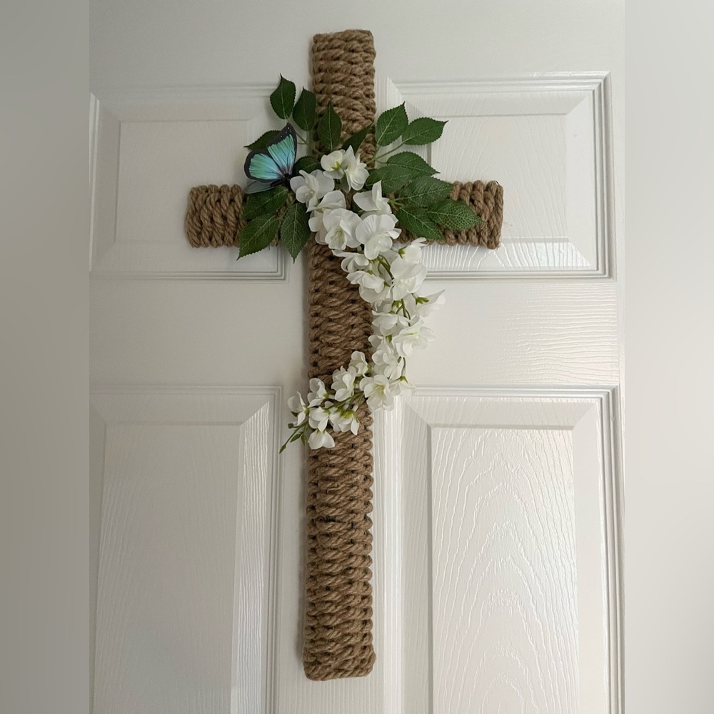 Hand Crafted Tan Rope Cross with White Blossoms and Blue Butterfly